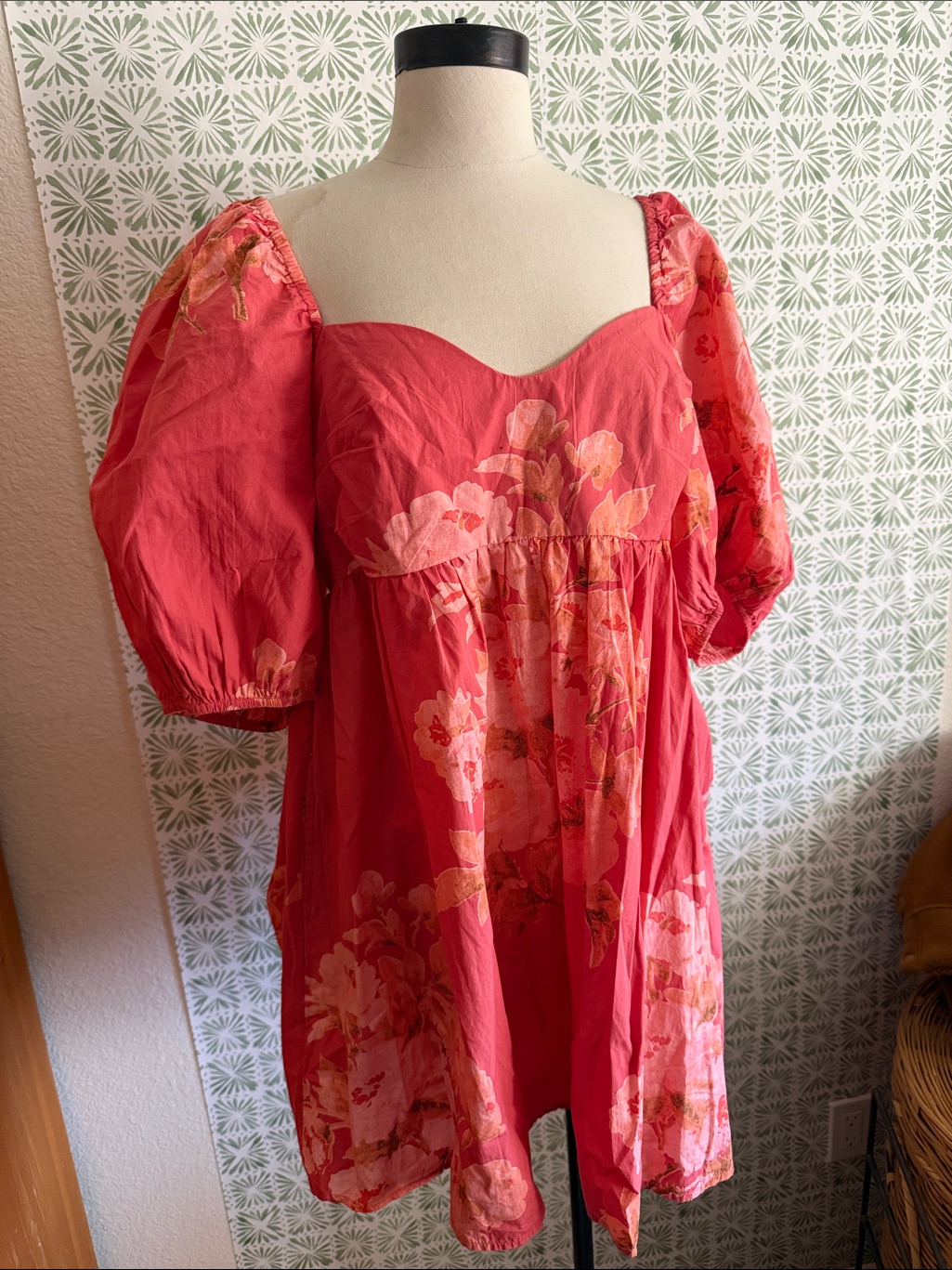Free People Coral Floral Puff Sleeve Mini Dress